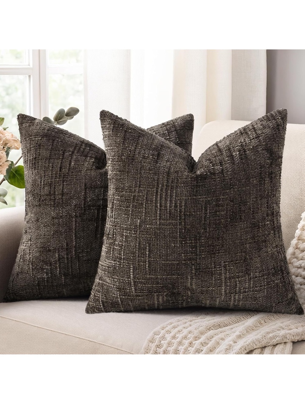DecorUhome Dark Brown Chenille Euro Sham Throw Pillow Covers 1235/bb8-1